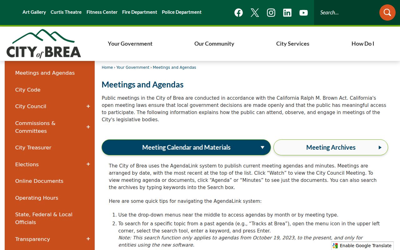 Brea city directory city meetings and agendas archive