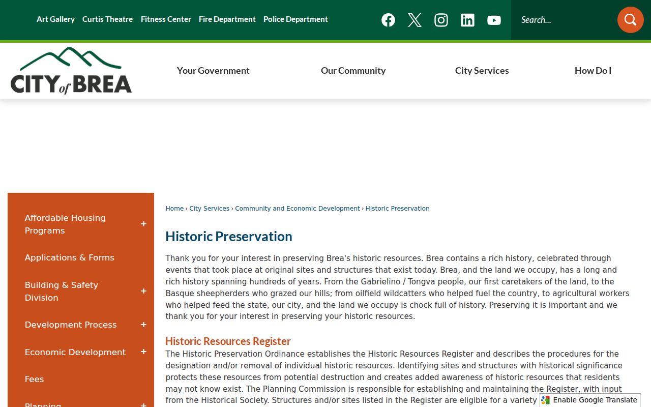 Brea city directory historic preservation and property history resource