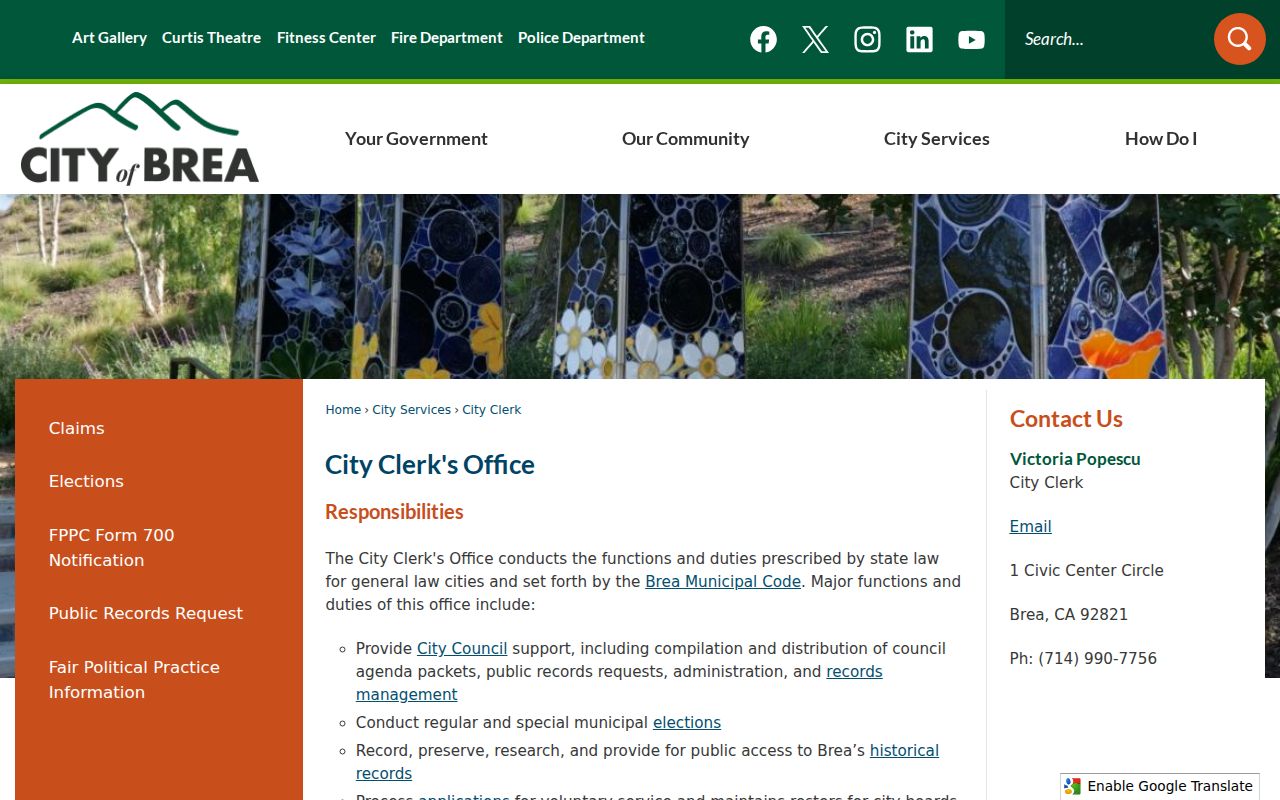 Brea residents directory Brea City Clerk records and requests