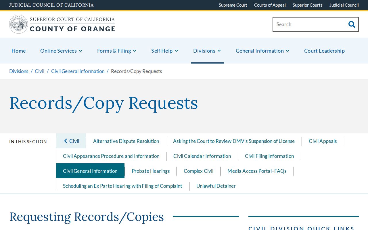 Brea previous residents Orange County civil record and copy requests