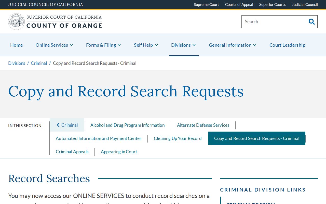 Brea previous residents Orange County criminal record search request