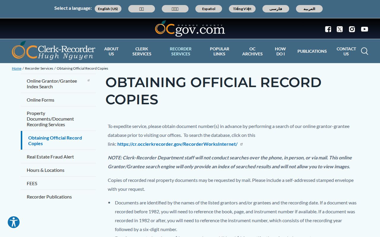 Brea previous residents Orange County official record copy instructions
